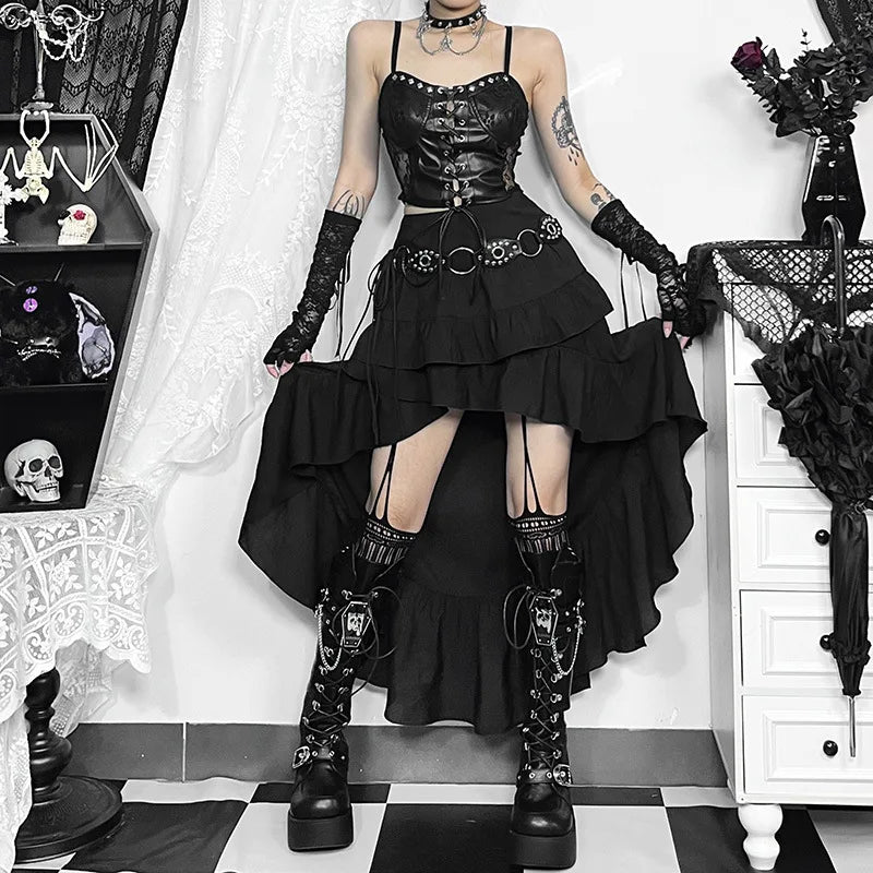 Steamretro Gothic Pleated Asymmetric Hi-low Lace Party Irregular Victorian High-low Skirt