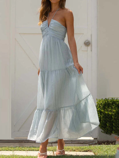 Chiffon Halter V Neck Flowy a Line Backless Tiered Midi Dresses