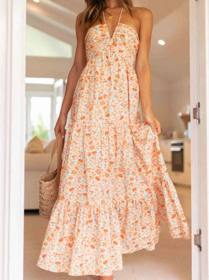 Chiffon Halter V Neck Flowy a Line Backless Tiered Midi Dresses
