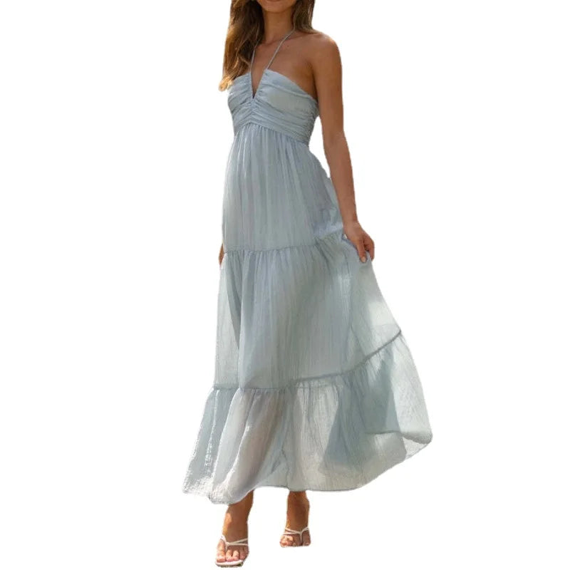 Chiffon Halter V Neck Flowy a Line Backless Tiered Midi Dresses