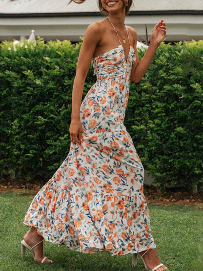 Chiffon Halter V Neck Flowy a Line Backless Tiered Midi Dresses