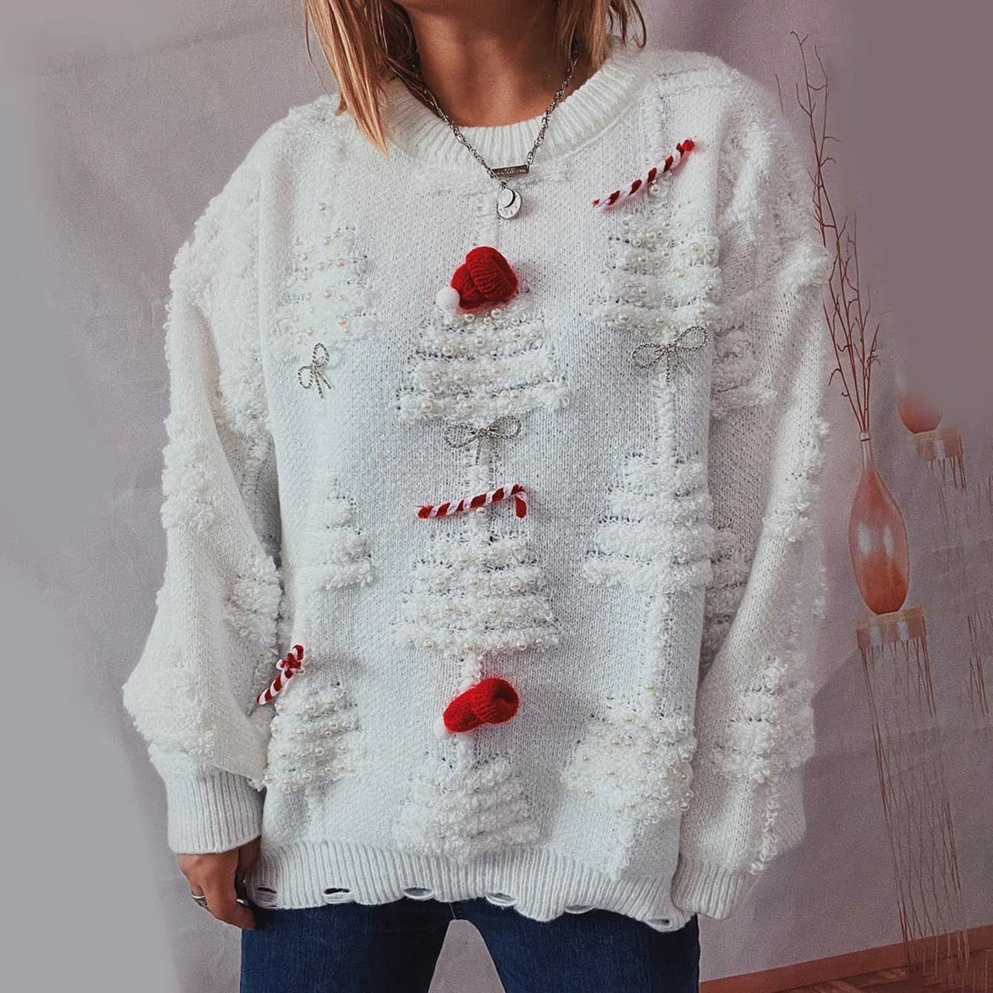 O-neck Lantern Sleeve Loose Knitted Christmas Sweater