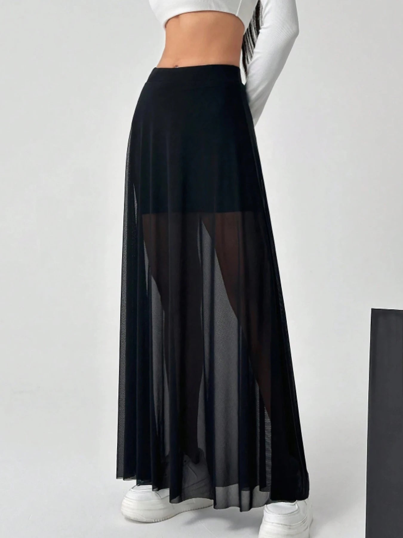 Mesh Patchwork Elastic High-waisted A-line Long Skirt
