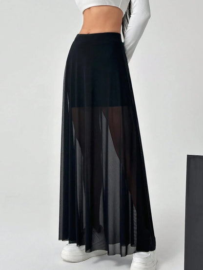 Mesh Patchwork Elastic High-waisted A-line Long Skirt