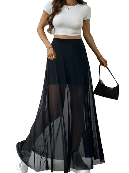 Mesh Patchwork Elastic High-waisted A-line Long Skirt