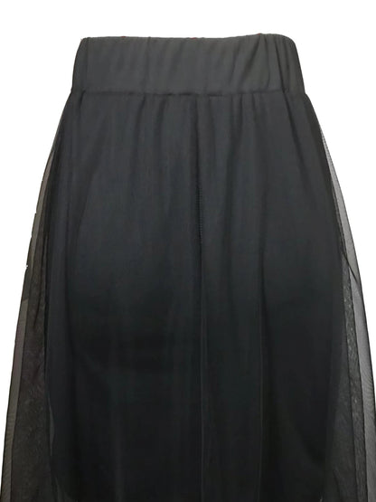 Mesh Patchwork Elastic High-waisted A-line Long Skirt
