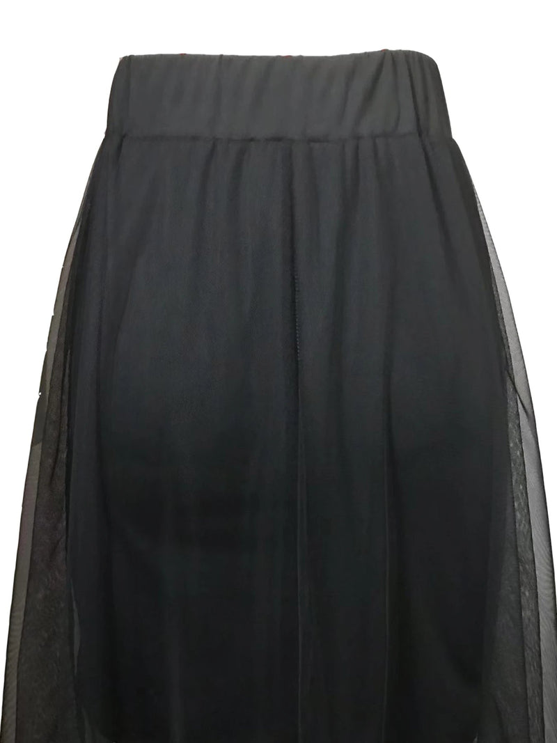 Mesh Patchwork Elastic High-waisted A-line Long Skirt