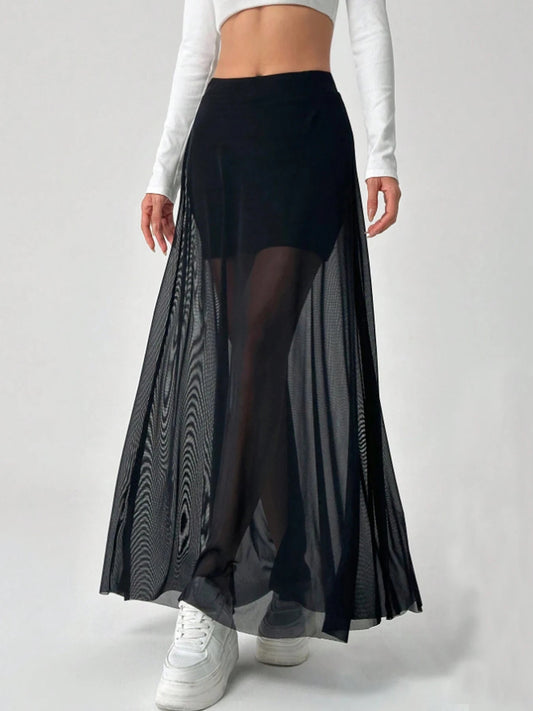 Mesh Patchwork Elastic High-waisted A-line Long Skirt