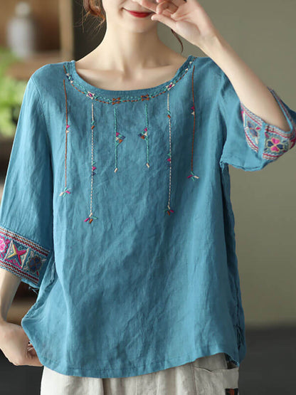 Linen Embroidered T-shirt Qw1029