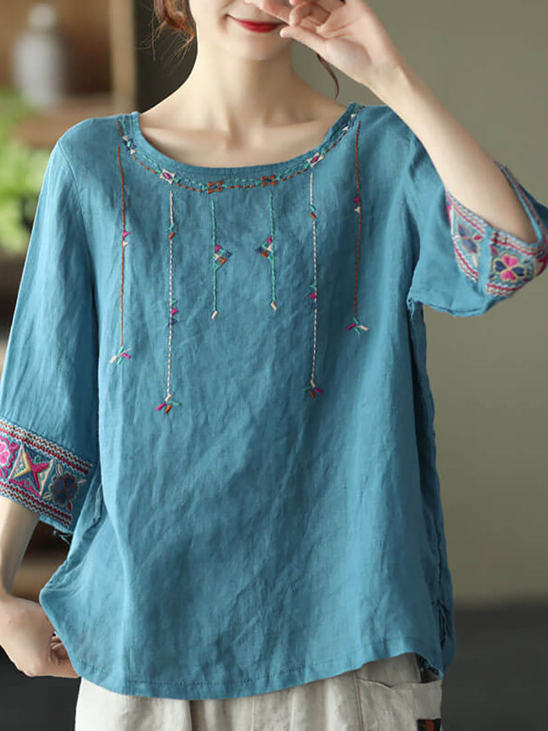 Linen Embroidered T-shirt Qw1029