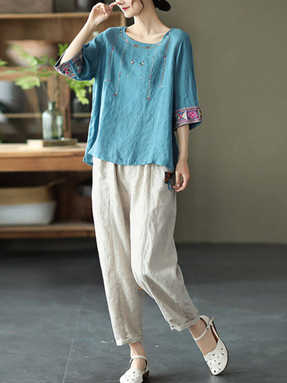 Linen Embroidered T-shirt Qw1029