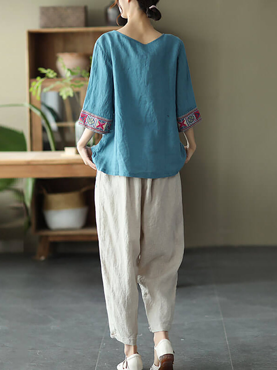 Linen Embroidered T-shirt Qw1029