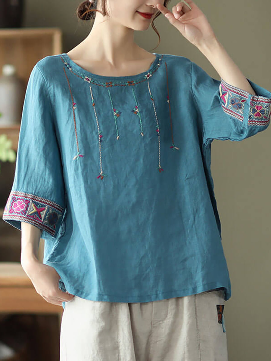 Linen Embroidered T-shirt Qw1029