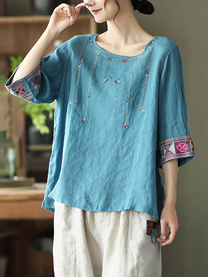 Linen Embroidered T-shirt Qw1029