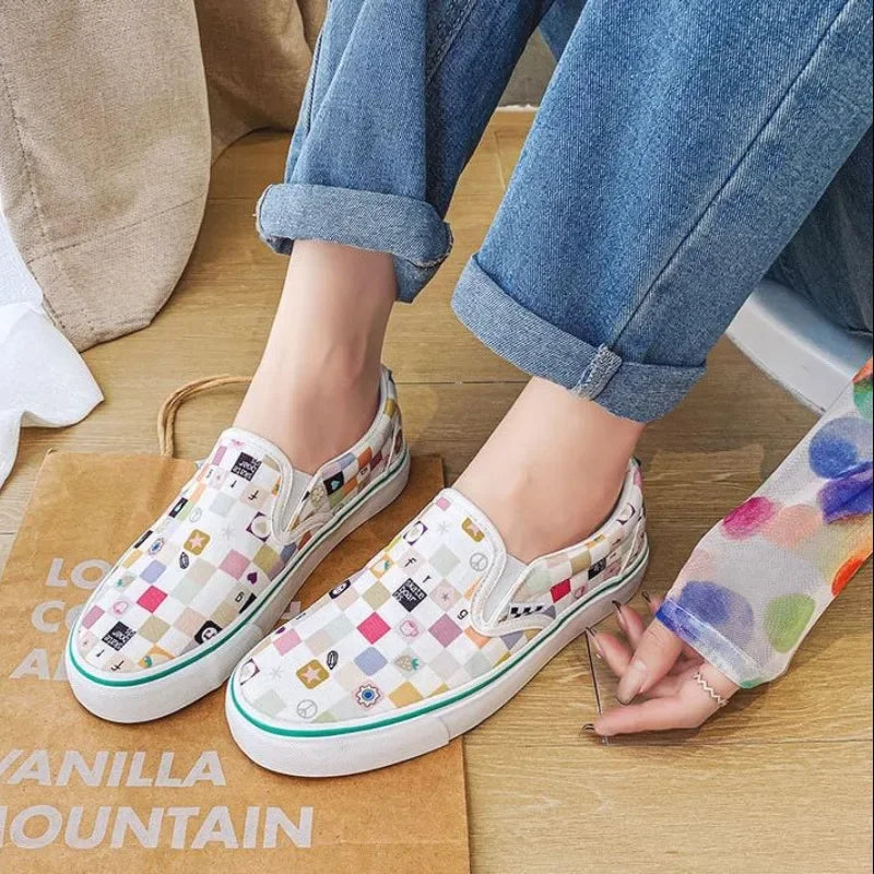 Canvas Shoes Multicolor Checkerboard Design Slip-on Footwear Flats Couple Summer Sneakers Size 35-44