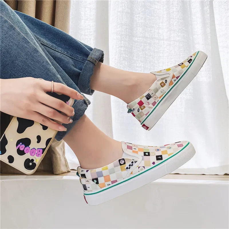 Canvas Shoes Multicolor Checkerboard Design Slip-on Footwear Flats Couple Summer Sneakers Size 35-44