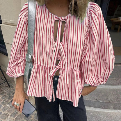 Puff Short Sleeve Peplum Tie Front Blouse