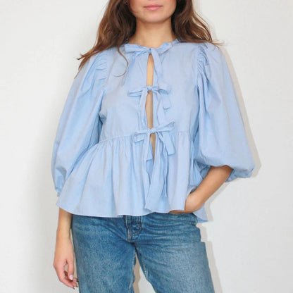 Puff Short Sleeve Peplum Tie Front Blouse