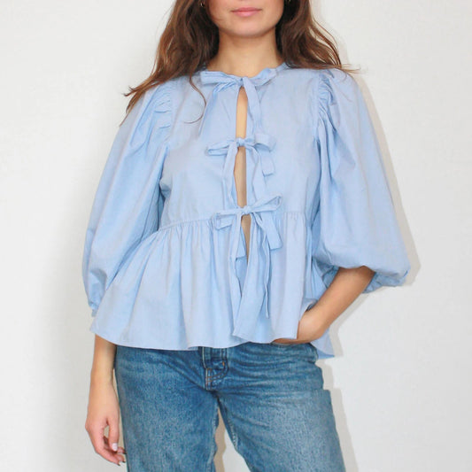 Puff Short Sleeve Peplum Tie Front Blouse