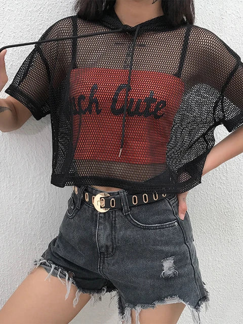 Hollow Mesh Net Hooded T-shirt Short Sleeve Tee Tops Transparent Black Swxy Clubwear Party