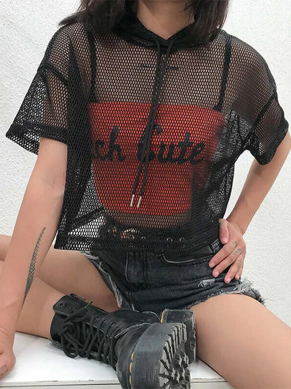 Hollow Mesh Net Hooded T-shirt Short Sleeve Tee Tops Transparent Black Swxy Clubwear Party