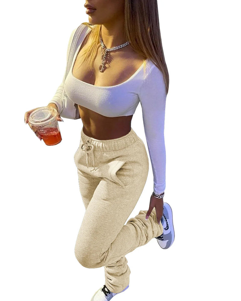 Stacked High Waist Winter Fleece Black Flare Workout Active Pants