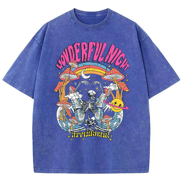 Wonderful Night Skeleton Butterfly Wave Print T-shirts Oversized Tops Street Comfortable Clothing Loose Wash Tee