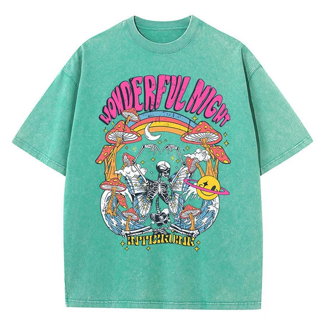 Wonderful Night Skeleton Butterfly Wave Print T-shirts Oversized Tops Street Comfortable Clothing Loose Wash Tee