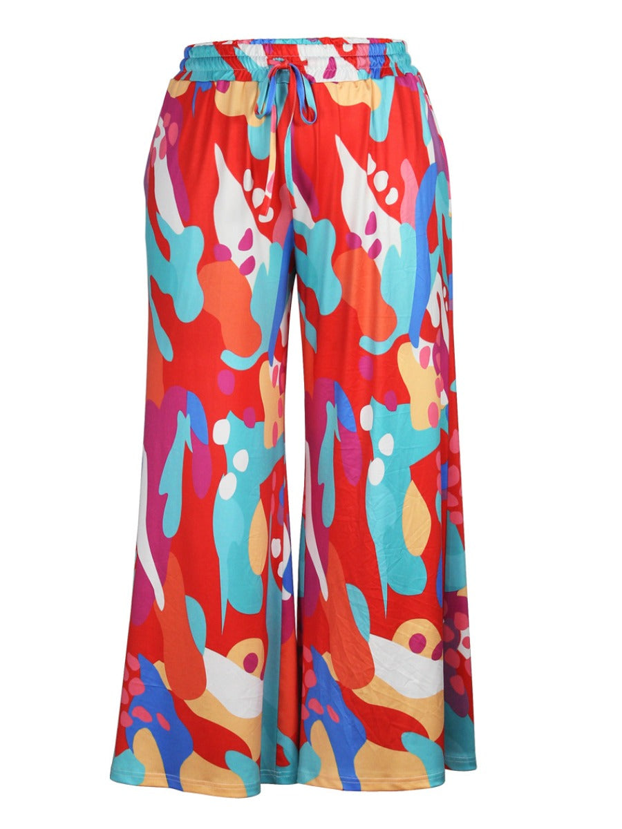 Mixed Print Drawstring Wide Leg Pants At8057