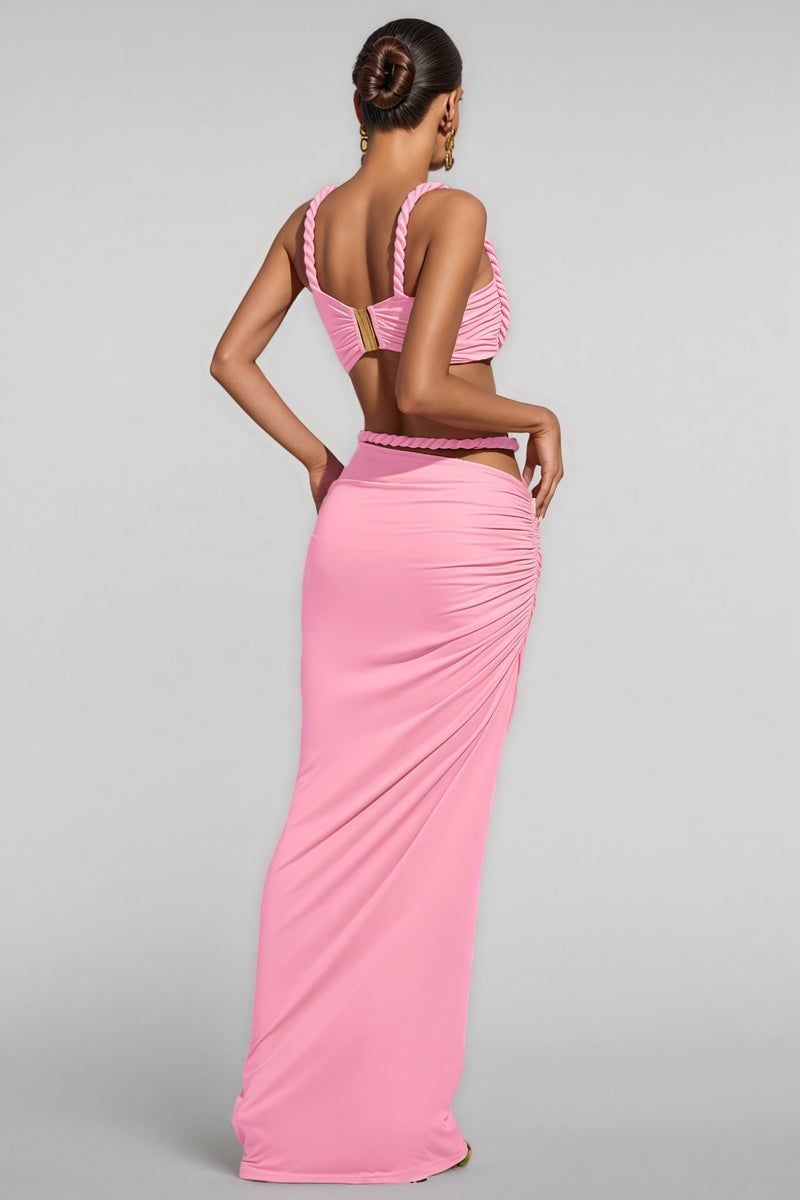 Dabney Pink Spaghetti Ruched Maxi Dress Set