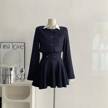 Y2k 3 Piece Set Cropped Coat + Long Sleeve Shirt + High Waist Halter Ruffles Mini Dress Korean Outfits