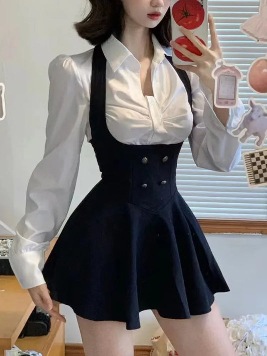 Y2k 3 Piece Set Cropped Coat + Long Sleeve Shirt + High Waist Halter Ruffles Mini Dress Korean Outfits