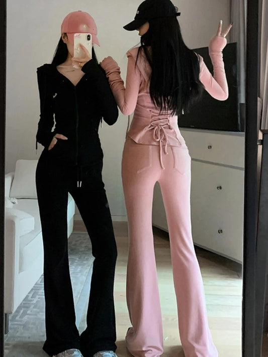 Y2k 2 Piece Set Tracksuit Hooded Zip Up Slim Coat + Drawstring Wide Leg Pants Autumn Korean Outfits