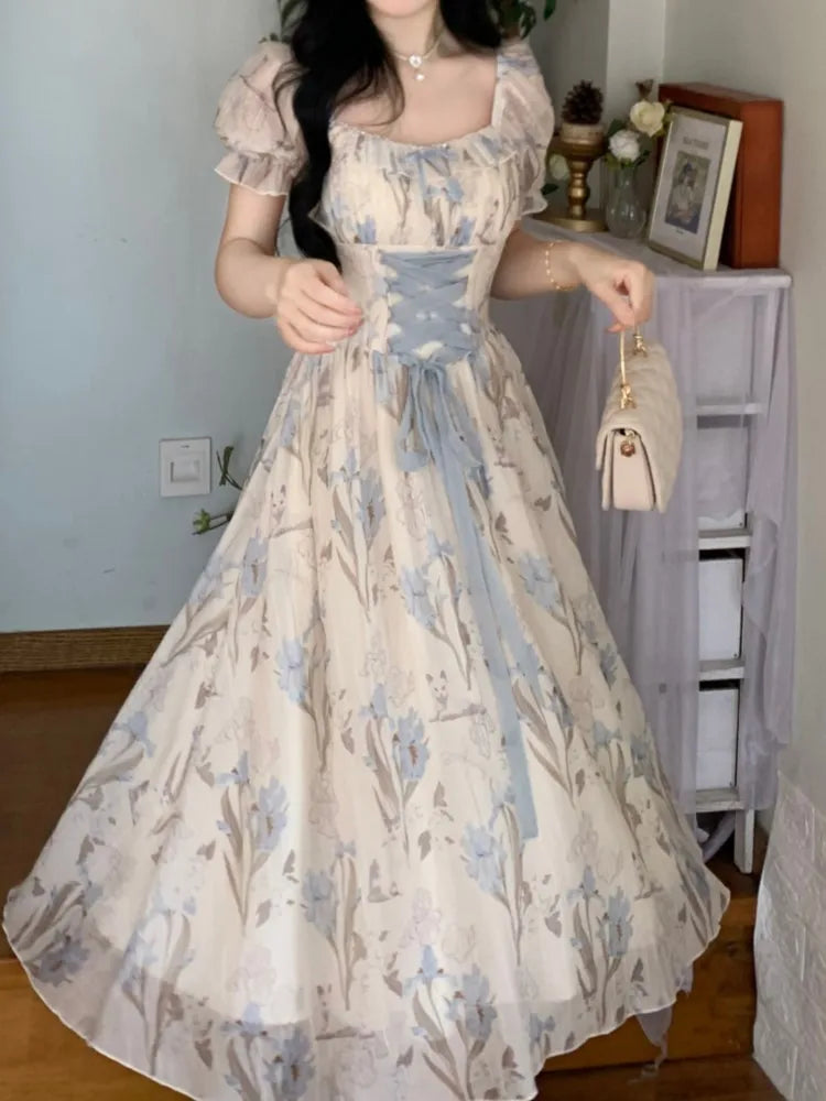 Y2k Midi Dress Kawaii Lolita Lace-up Square Collar High Waist Princess Evening Party Dresses Prom Robe Vestido New
