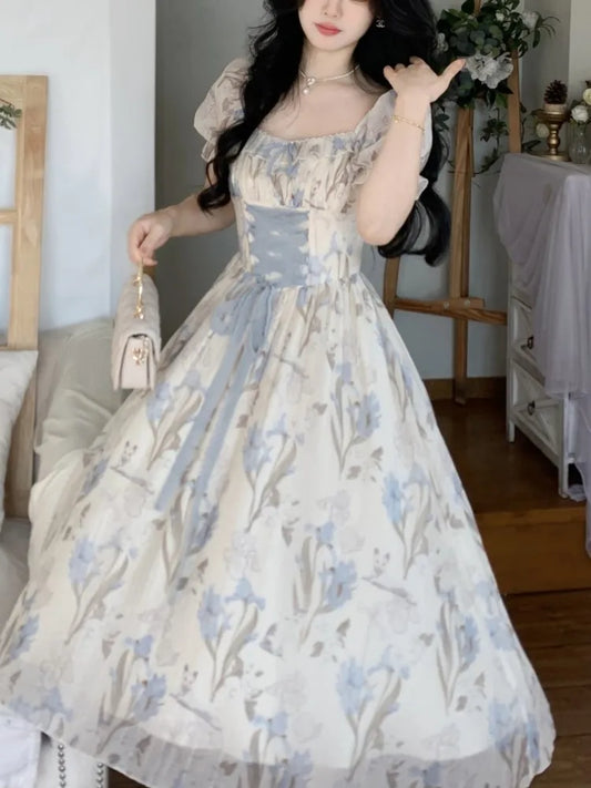 Y2k Midi Dress Kawaii Lolita Lace-up Square Collar High Waist Princess Evening Party Dresses Prom Robe Vestido New
