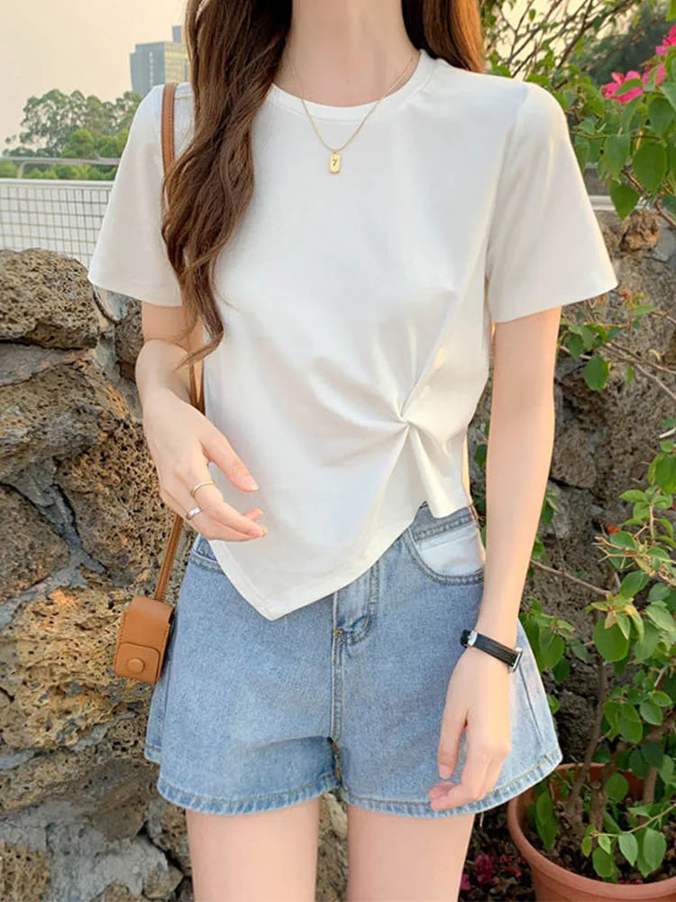 Y2k Irregular T-shirt Summer Skinny T Shirt Femme Short Sleeve Korean Kpop Slim O-neck Tshirt Woman Clothes Top