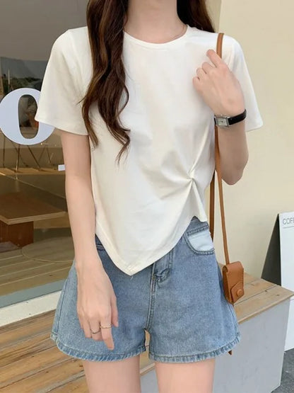 Y2k Irregular T-shirt Summer Skinny T Shirt Femme Short Sleeve Korean Kpop Slim O-neck Tshirt Woman Clothes Top
