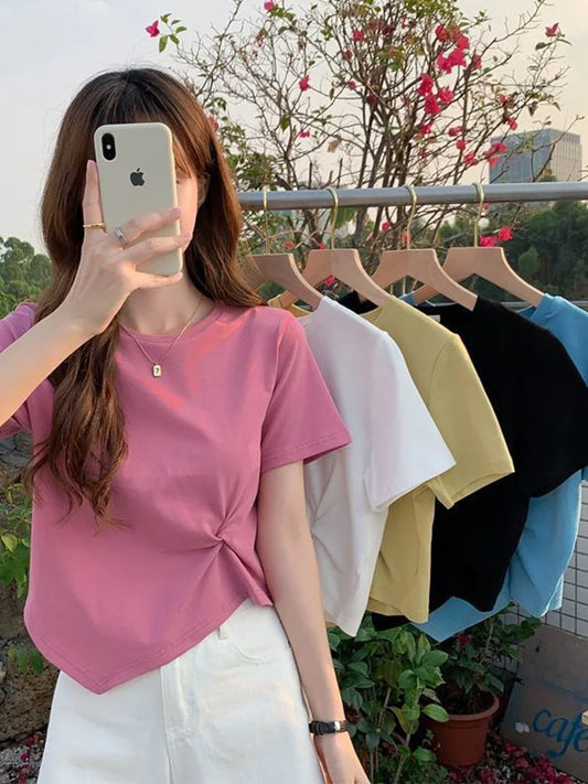 Y2k Irregular T-shirt Summer Skinny T Shirt Femme Short Sleeve Korean Kpop Slim O-neck Tshirt Woman Clothes Top