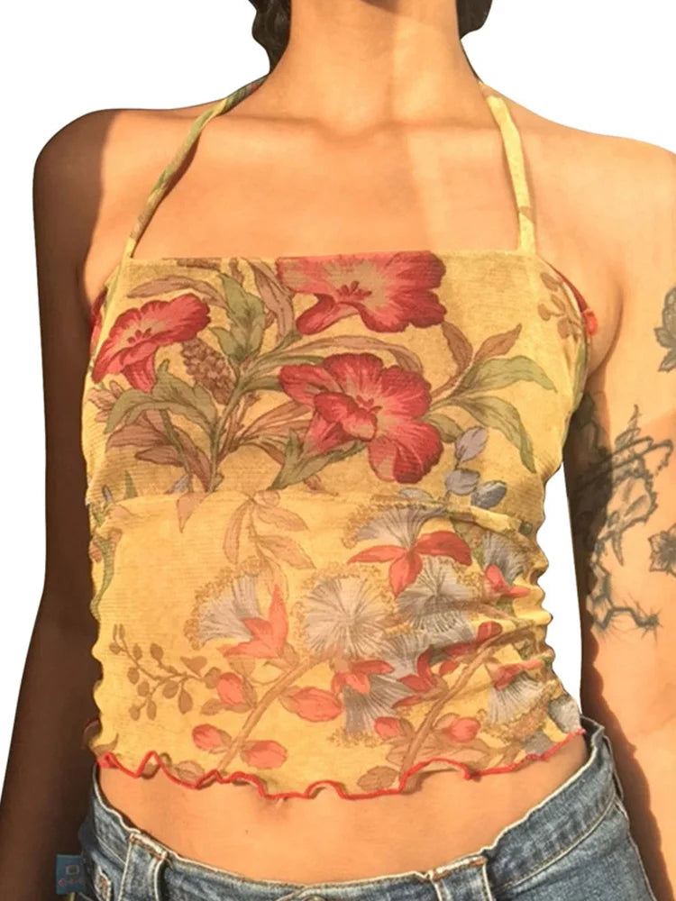 Y2k Mesh Sheer T-shirt Halter Tops Sleeveless Slim Fit Crop Top Harajuku