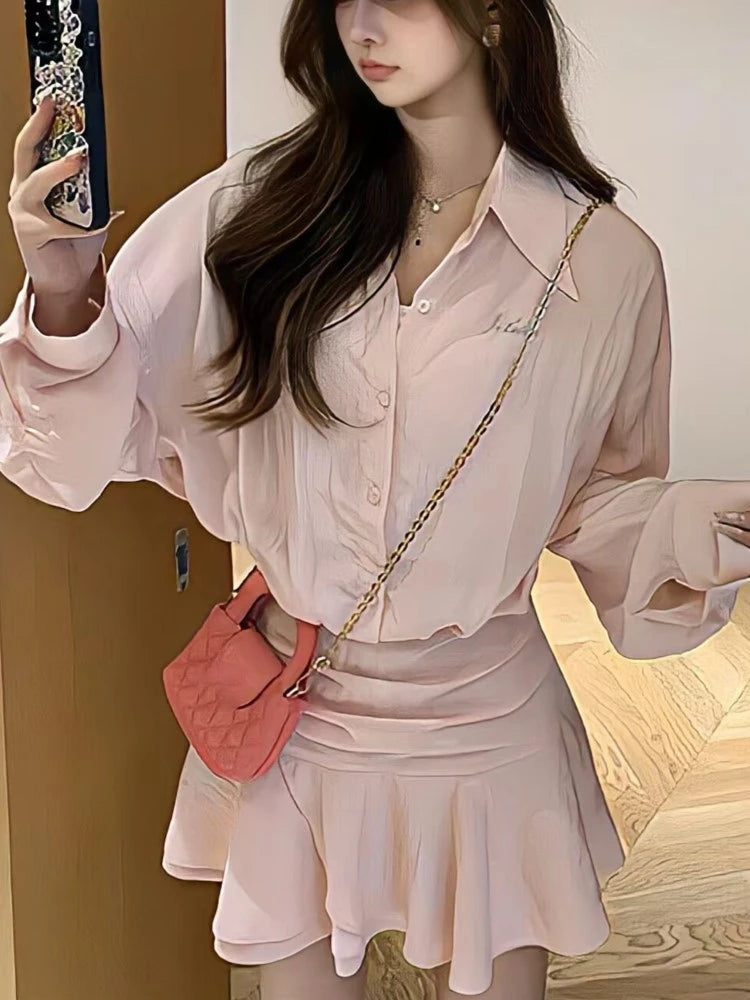 Y2k Shirt Mini Dress Long Sleeve Ruffles A-line Korean New Spring Summer Clothing
