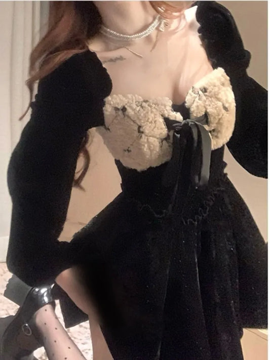 Y2k Velvet Mini Dress Lantern Sleeve Square Collar Patchwork Lace Up Layered Ruffles Autumn Spring Birthday Party Vestidos