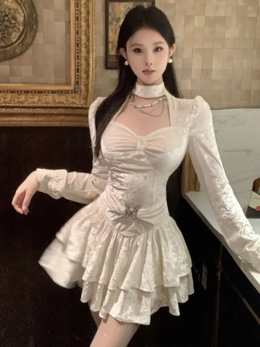Y2k Velvet Mini Dress Square Collar Bodycon Layered Ruffles A-line Autumn Winter Princess Evening Party Prom Vestido Mujer