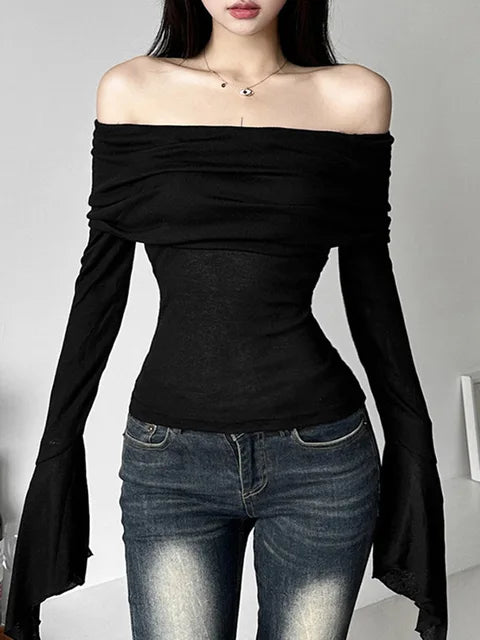 Y2k Aesthetic Simple ’s Tee Shirts Slash Neck Long Sleeve T-shirts Off Shoulder Tshirts