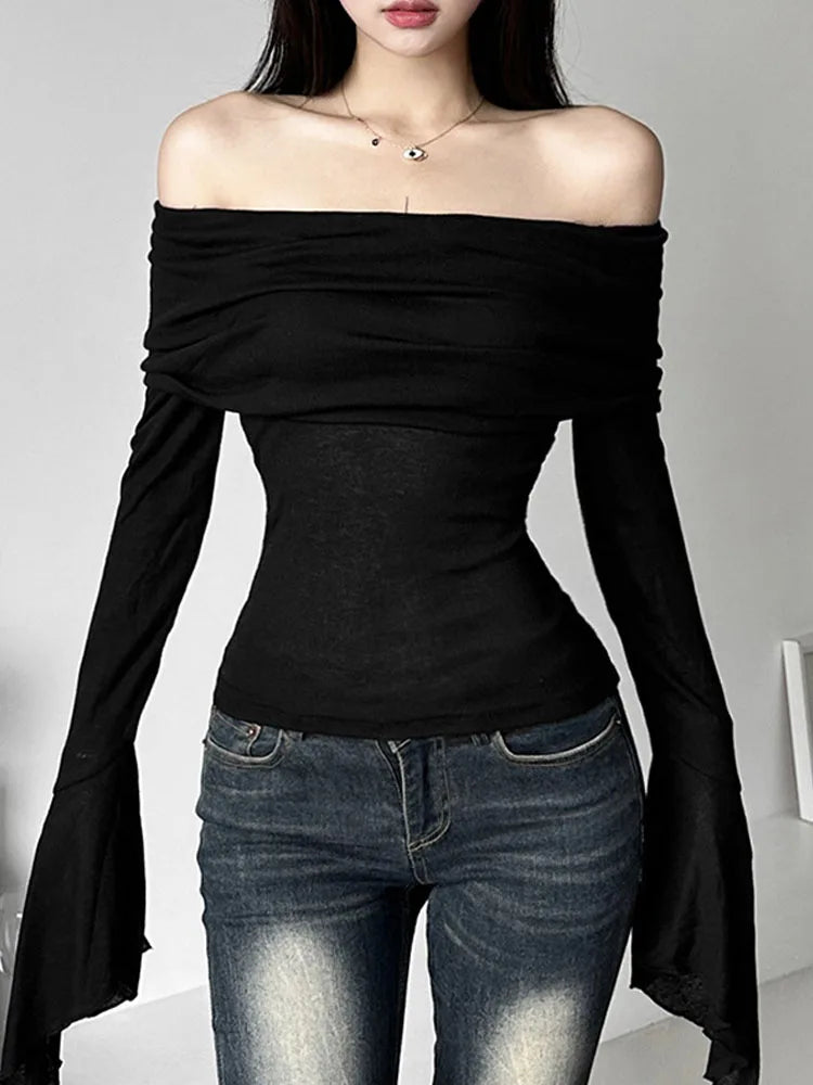 Y2k Aesthetic Simple ’s Tee Shirts Slash Neck Long Sleeve T-shirts Off Shoulder Tshirts