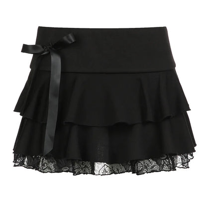 Y2k Bow Lace Trim A-line Party Mini Mall Gothic Ruffles Low Waist Black Lolita Skirt