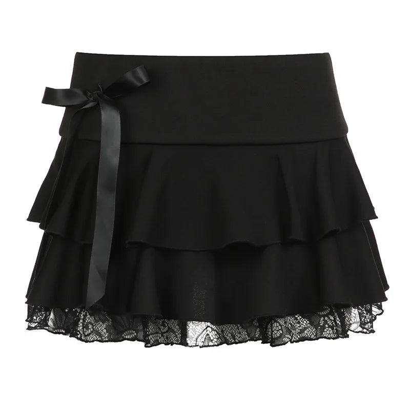 Y2k Bow Lace Trim A-line Party Mini Mall Gothic Ruffles Low Waist Black Lolita Skirt