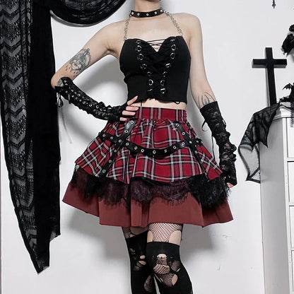 Y2k Lolita Cake Mini Gothic Harajuku Plaid Pleated Sweet Lace Kawaii Skirt