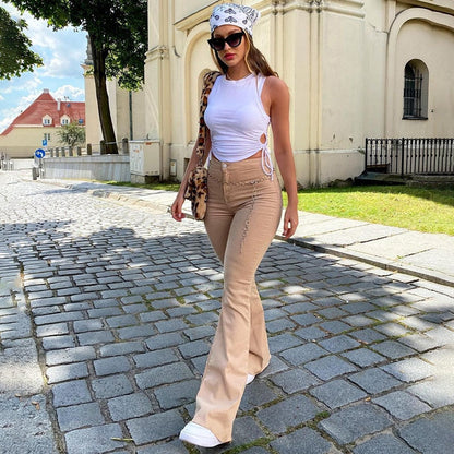 Y2k New Brown Jeans High Waist Wide Leg Pants Trousers Comfort Denim Mom Pants