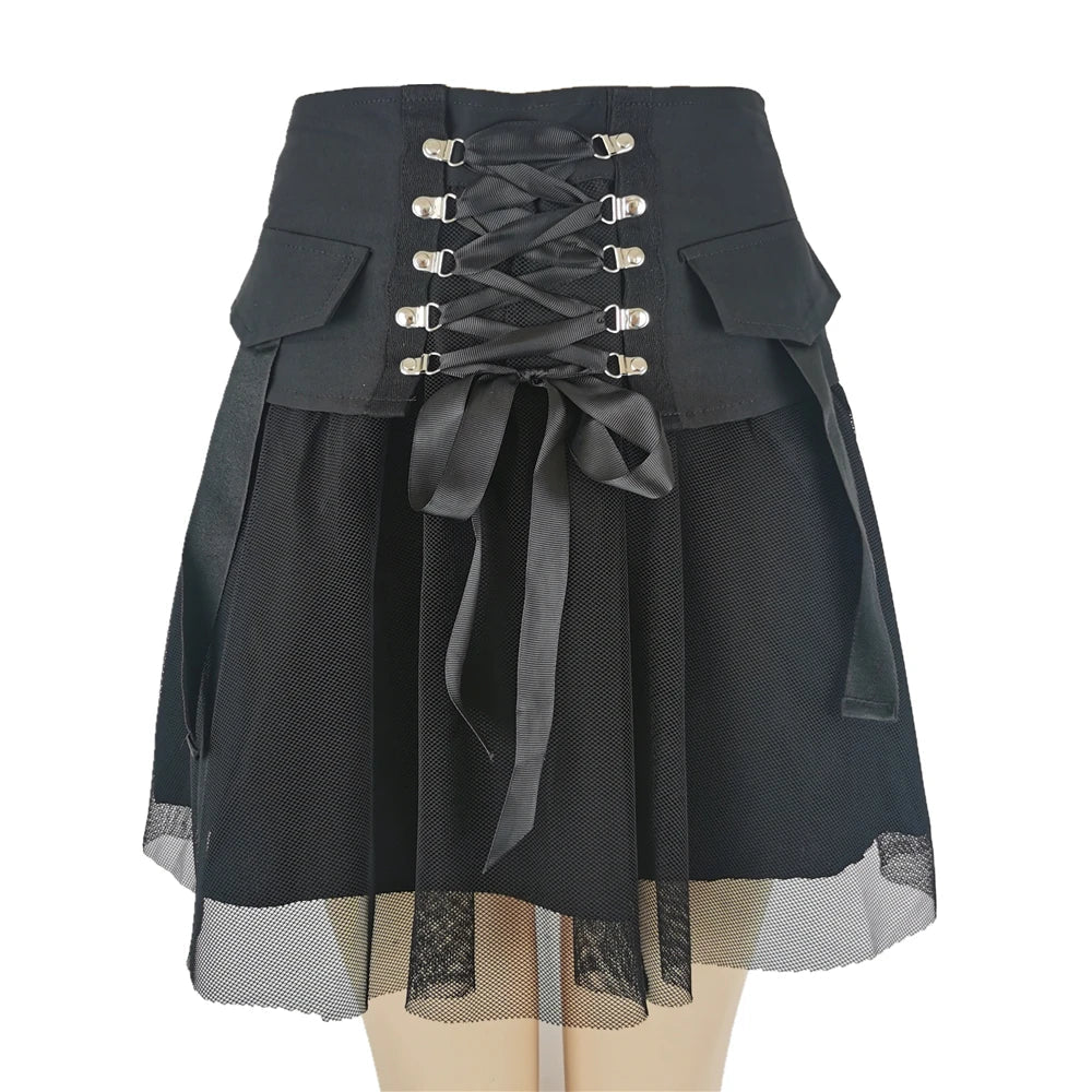 Y2k Dark Straps Female Style Harajuku Mesh Summer Black High Waist A-line Skirt