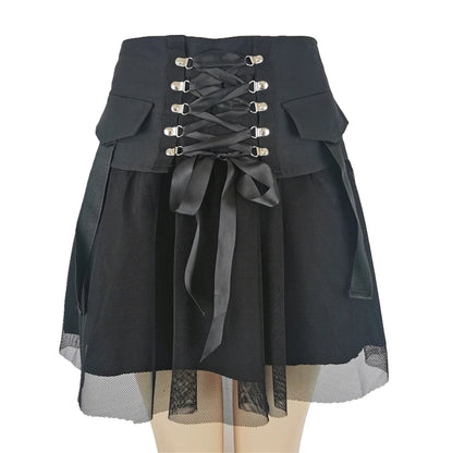 Y2k Dark Straps Female Style Harajuku Mesh Summer Black High Waist A-line Skirt